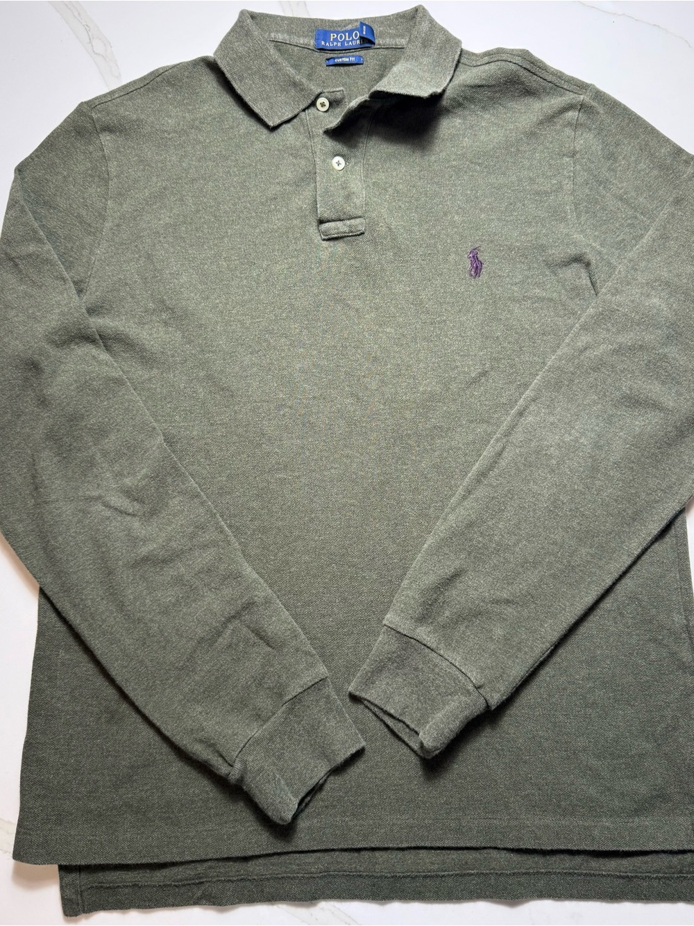 Ralph Lauren Long Sleeve Pique Polo in Olive Green with Purple Pony